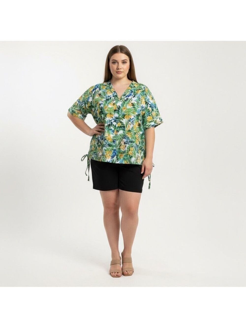 Kiwi Fresh Women's Plus 1X Green Multi Floral Short Sleeve Top with side ties